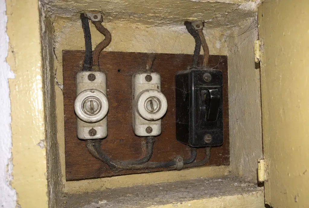 Cuadro antiguo de vivienda con dos fusibles de porcelana y un interruptor de baquelita sobre tabla de madera