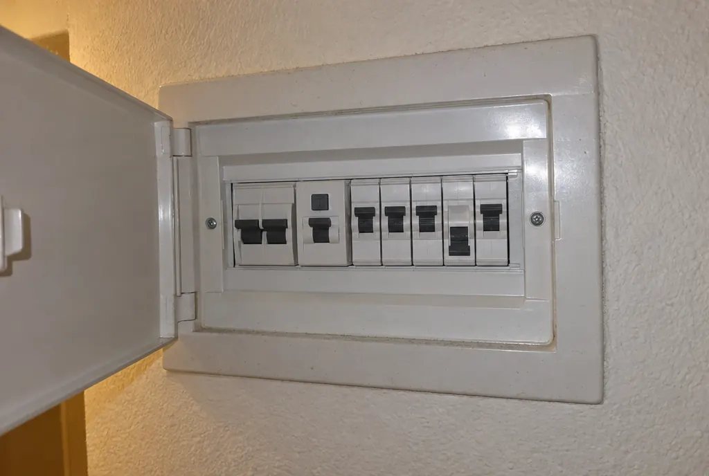 Cuadro eléctrico de vivienda empotrado en el pasillo, con la tapa abierta y una fila de interruptores, uno de ellos bajado