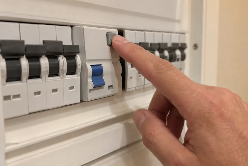 Dedo pulsando el botón de prueba de un interruptor diferencial en un cuadro de vivienda