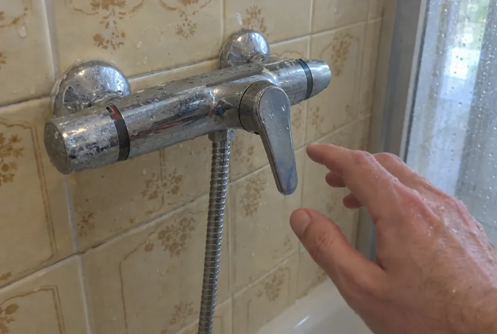 Mano que se acerca al grifo termostático de una ducha con azulejos beige antiguos y gotas de agua