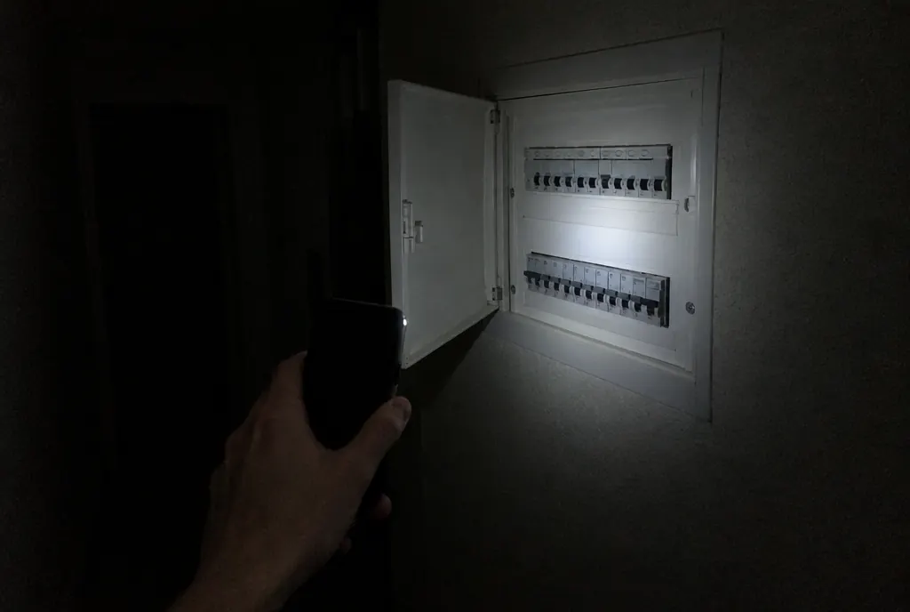 Mano con la linterna del móvil iluminando el cuadro eléctrico abierto en un pasillo a oscuras