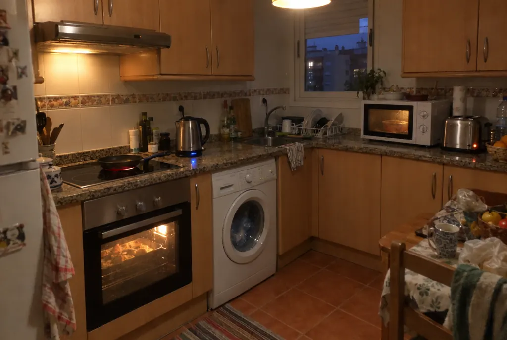 Cocina de piso por la noche con horno, placa, hervidor, microondas, tostadora y lavadora funcionando a la vez