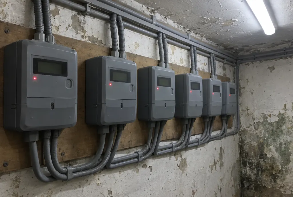 Fila de contadores digitales grises en el cuarto de contadores de un edificio antiguo, con piloto rojo encendido